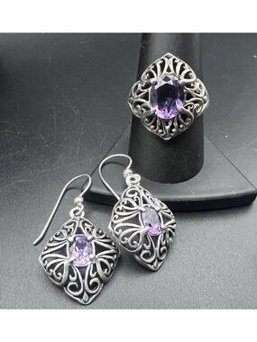 Vintage Kabana Amethyst Sterling Silver Ring Earrings Set Size 10